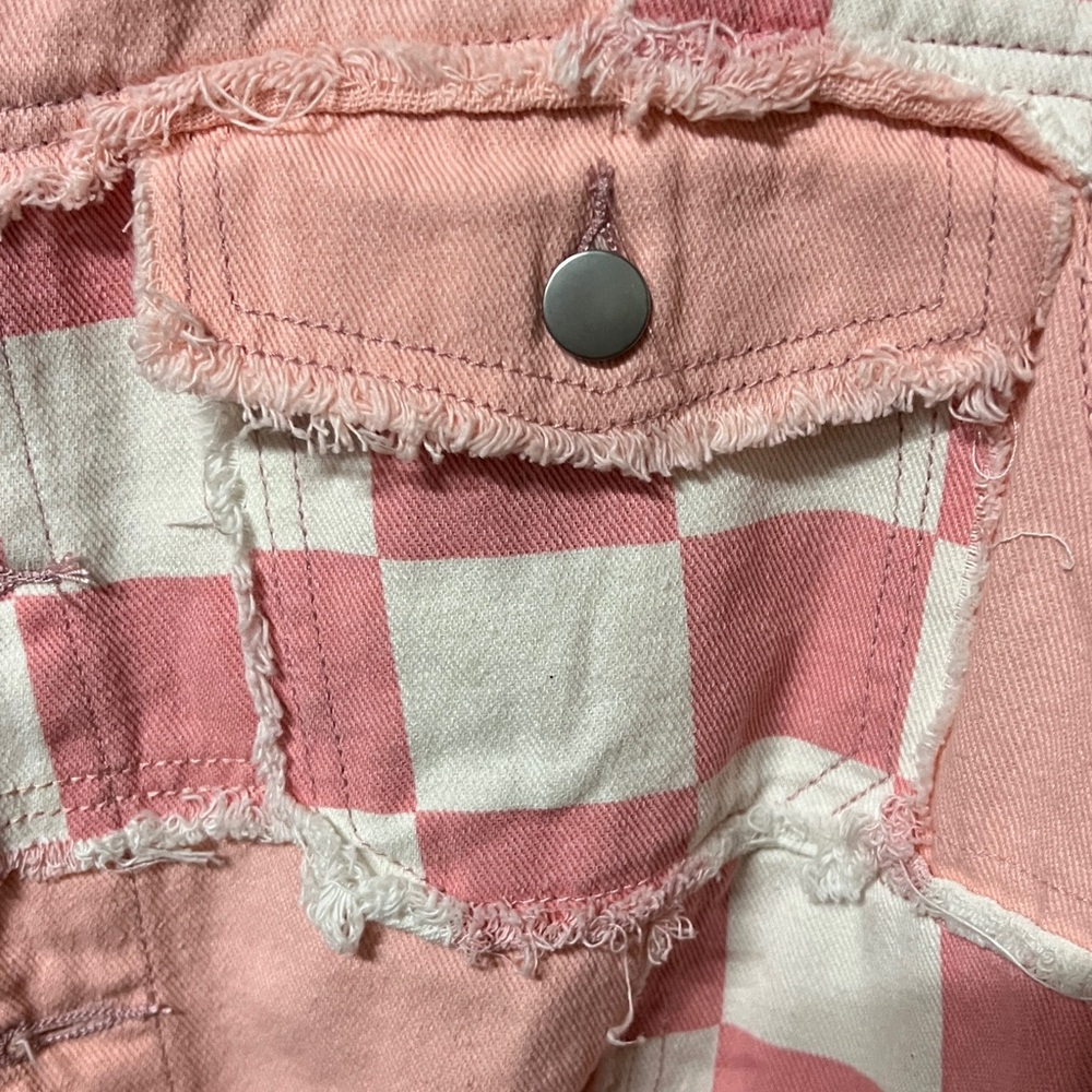 Pol Pink and White Checkered Fringe Jean Jacket - Picture 4 of 6